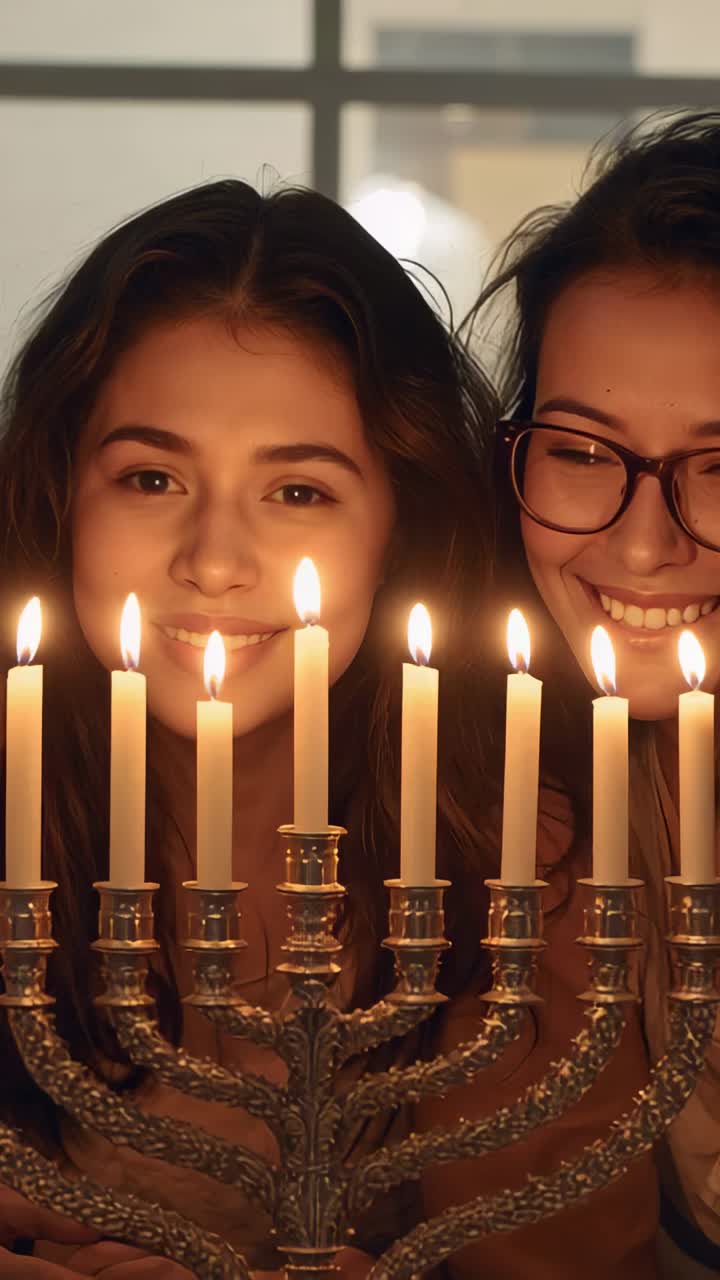 Vertical video: Standing close, two teenage friends gazing at glowing menorah at home for Hanukkah