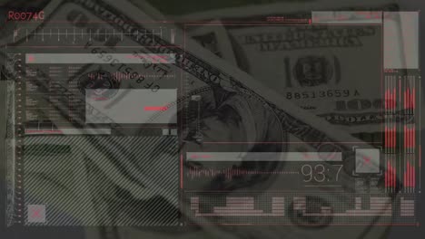 animación del procesamiento de datos sobre billetes de dólares estadounidenses
