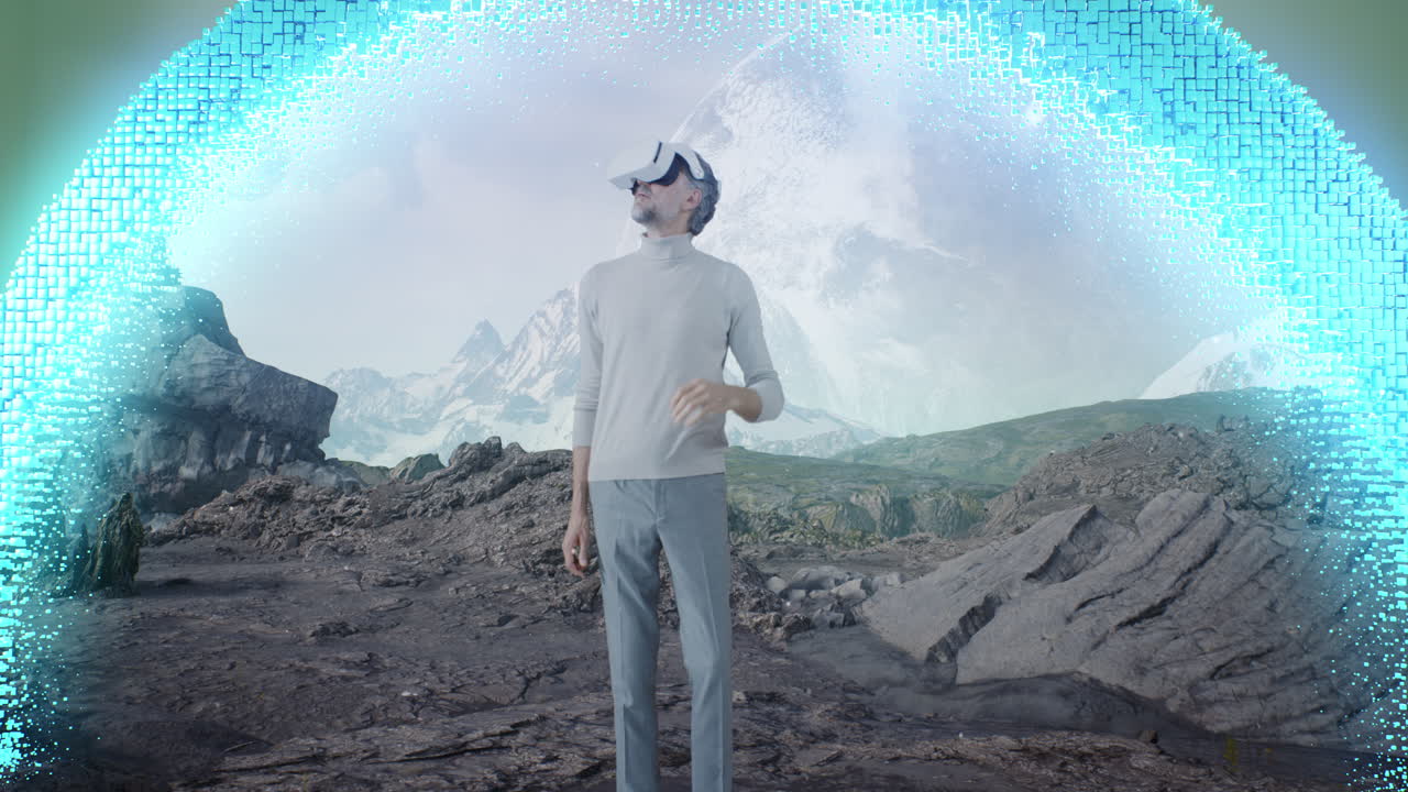 Man Wearing VR Headset in a Futuristic Space Landscape
