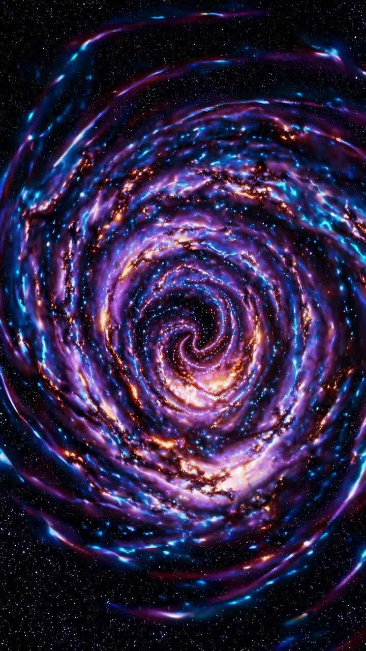 A mesmerizing cosmic spiral with vibrant purple and blue hues, captured from a top-down angle
