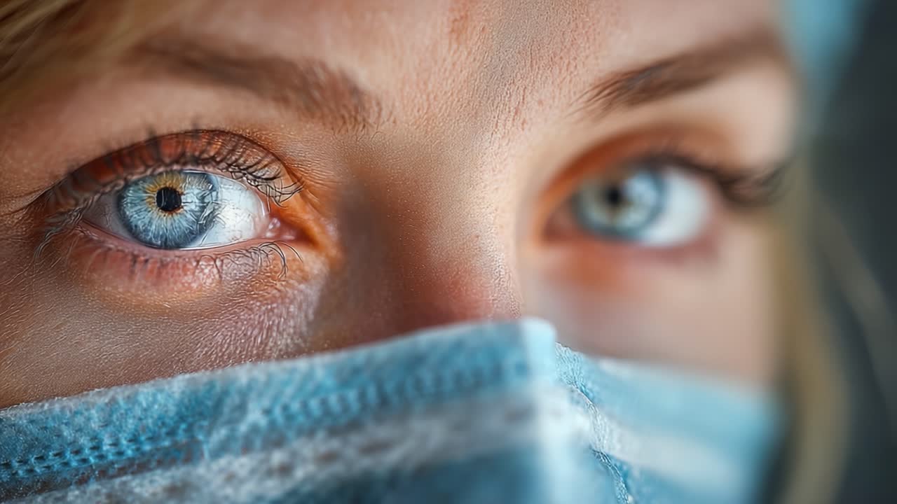 Un ritratto ravvicinato di una giovane donna che indossa una mascherina, mettendo in mostra occhi azzurri penetranti e dettagli facciali intricati in una luce soffusa e naturale.