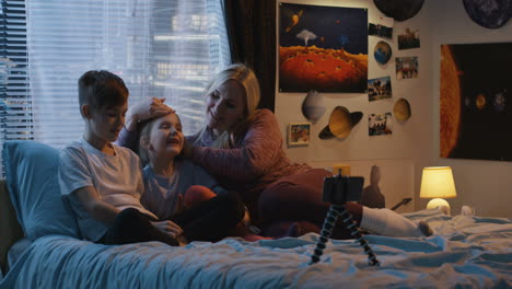 family video call in a bedroom