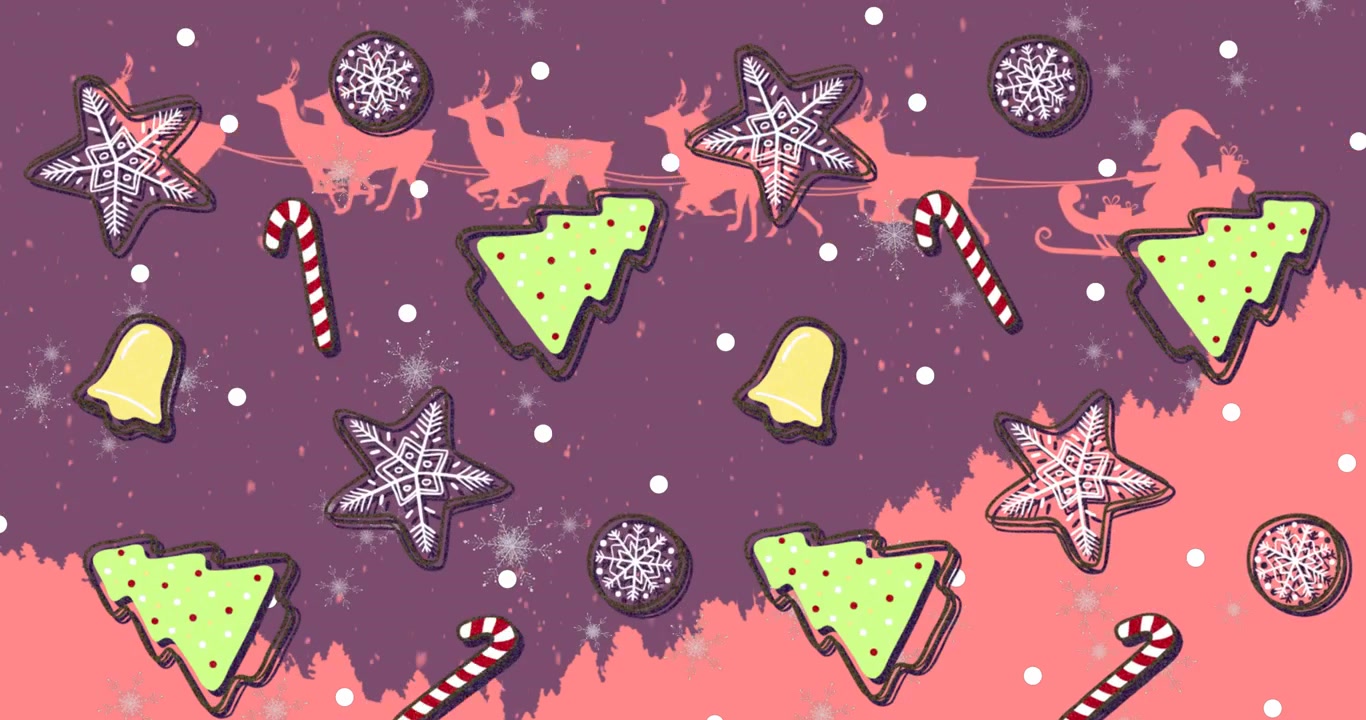 Animación de iconos navideños sobre Papá Noel en trineo sobre fondo morado