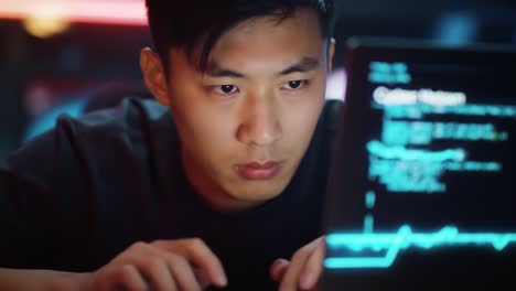 focused individual analyzing data on high-tech computer display in a dimly lit environment, engaged in cybersecurity operations involving real-time information processing