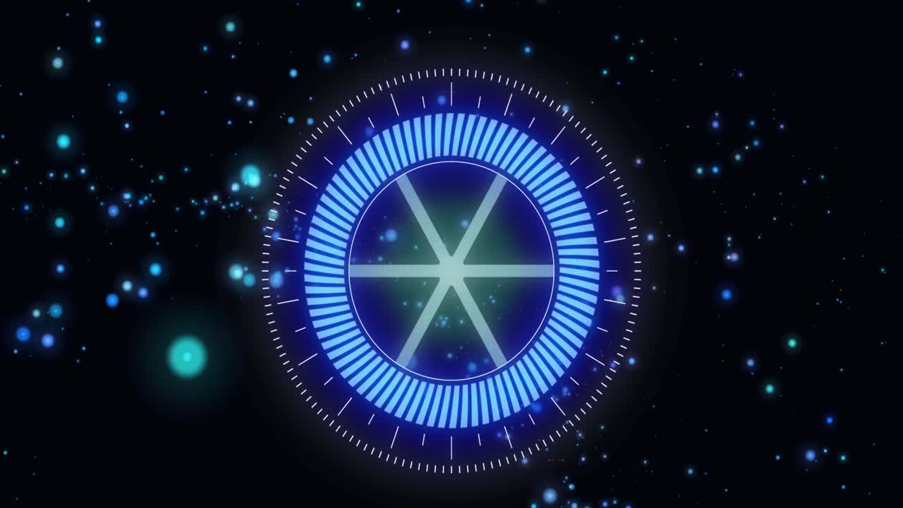 파란색 원형 스 ⁇  스캔과 검은색에 떠다니는 반 ⁇ 이는 입자의 애니메이션