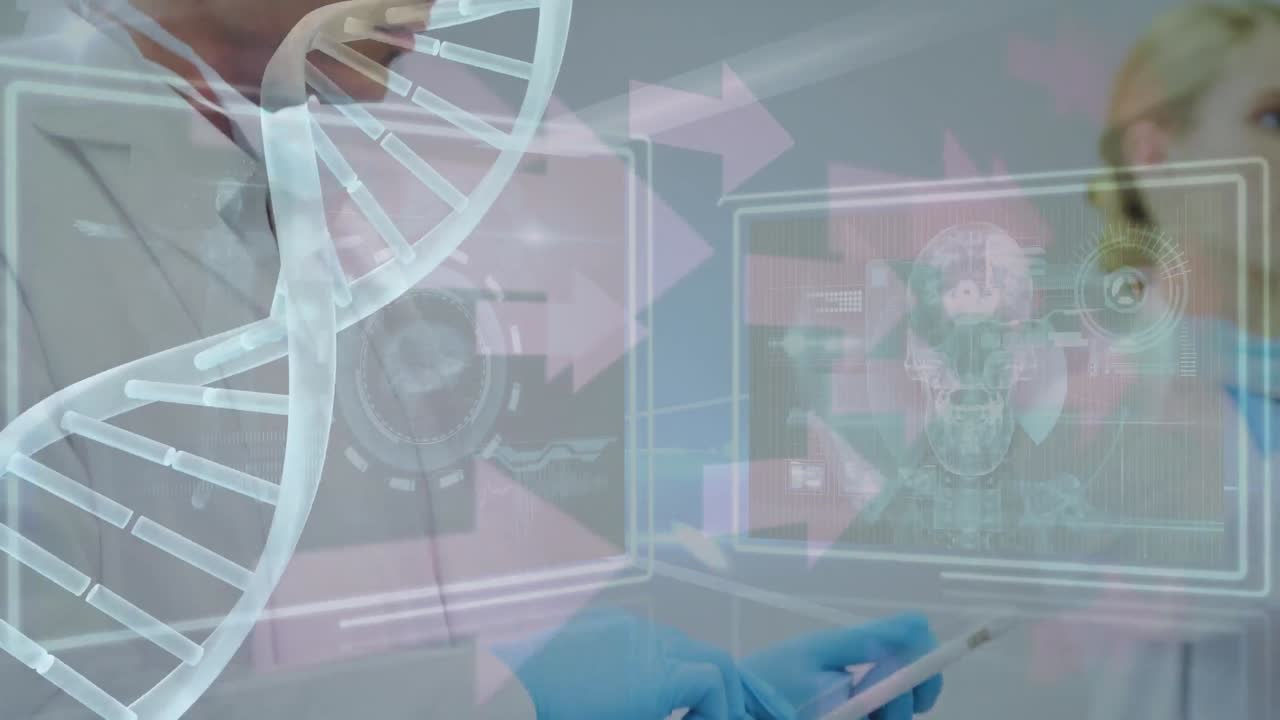 태블릿을 사용하는 백인 남성 의사에 대한 dna 가닥 회전 및 의료 데이터 처리 애니메이션