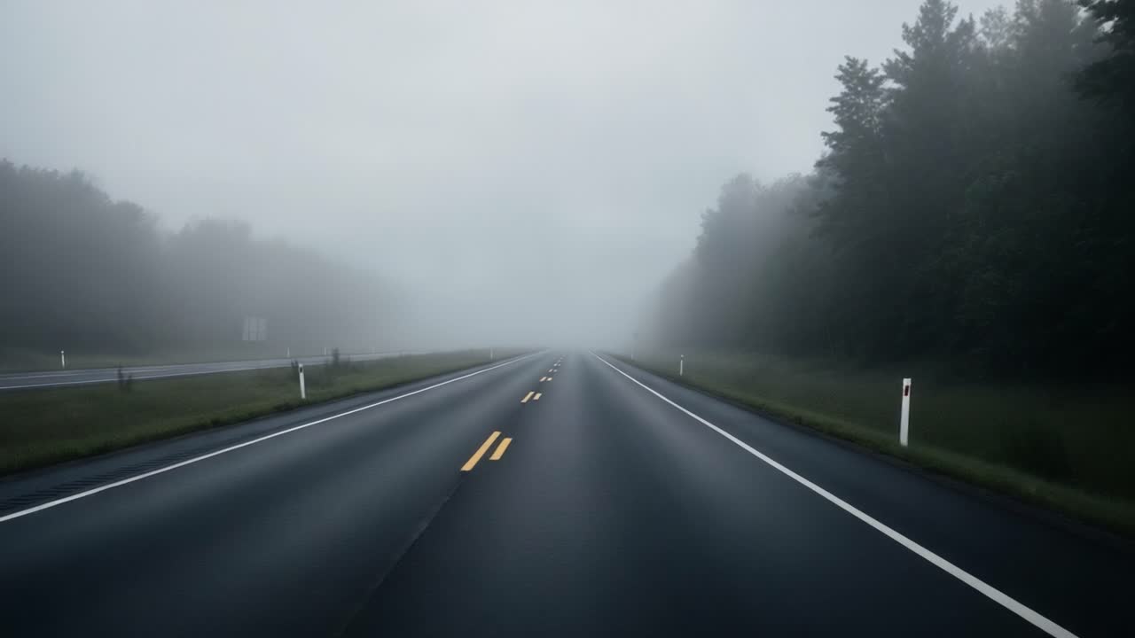 A Serene Drive Through a Foggy Landscape: Capturing the Mysterious Beauty of a Quiet, Rain-Slicked Road Surrounded by Greens and Overcast Skies