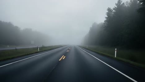 a serene drive through a foggy landscape: capturing the mysterious beauty of a quiet, rain-slicked road surrounded by greens and overcast skies