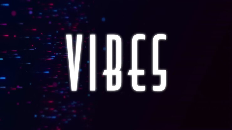 Animazione del testo "VIBES" su sfondo scuro con particelle digitali colorate