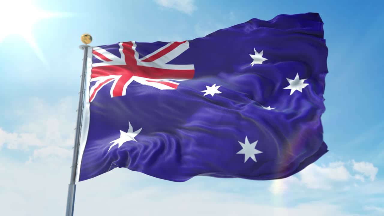 bandera de australia ondeando en el viento contra el cielo azul profundo. tema nacional, concepto internacional. render 3d bucle sin costuras 4k