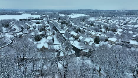 Pullback-reveal-of-mountain-forest-covered-in-winter-snow