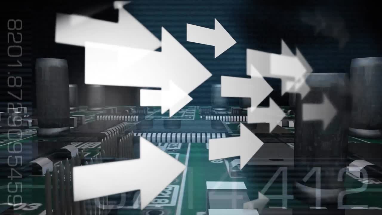 검은 바탕에 컴퓨터 회로와 모래시계 아이콘 위에 손을 돌리는 시계의 애니메이션