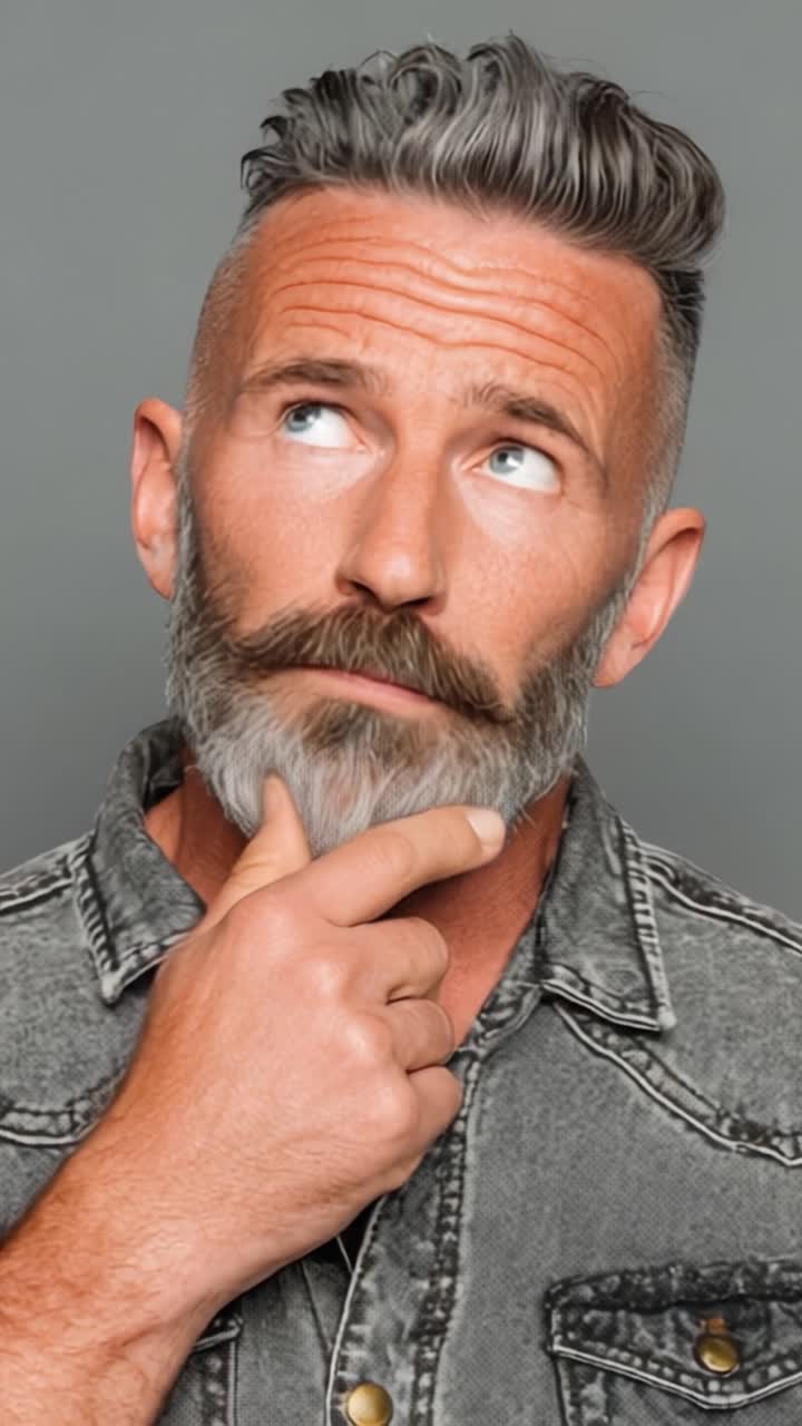Un uomo pensieroso con una camicia di jeans riflette sulle scelte di vita, posando in modo accattivante con un'espressione riflessiva e una barba elegante su uno sfondo neutro