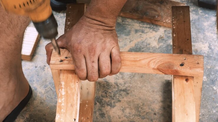 Skillfull carpenter employing a power drill to attaching screws into a small wooden chair in his small business workshop to sell and support the local economy