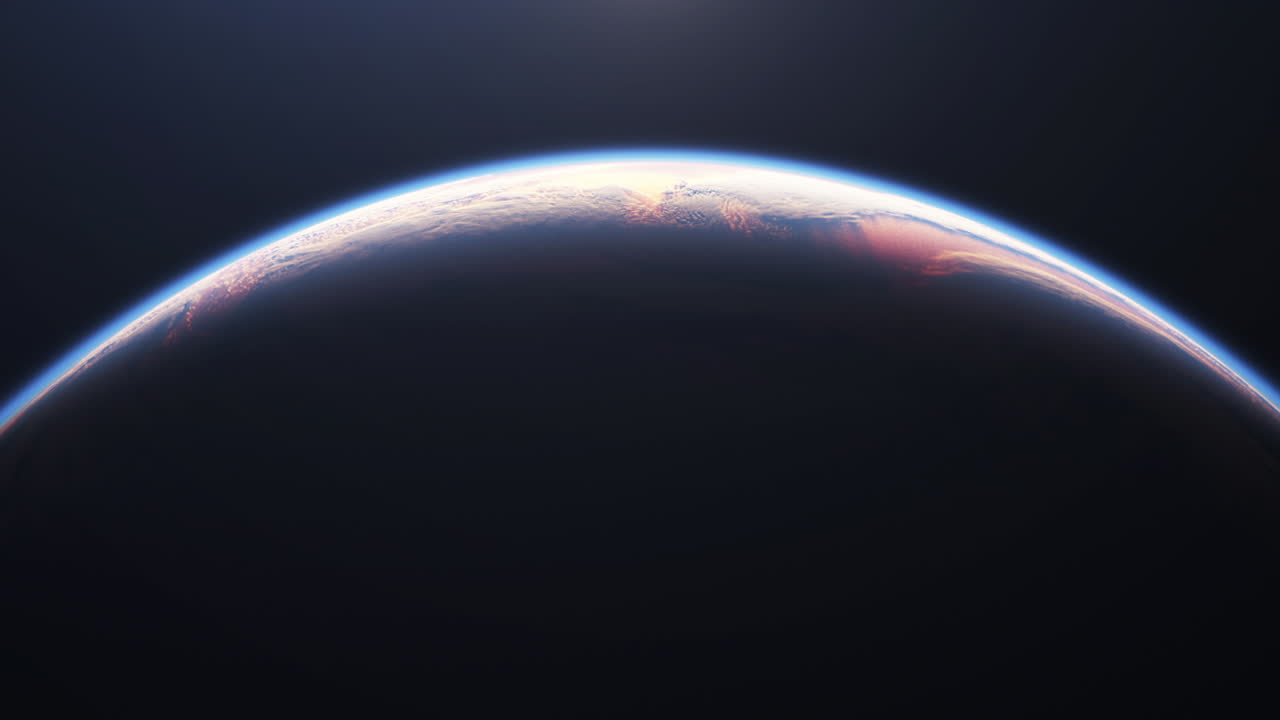 Dawn, the sun rises behind the cloudy planet earth. Sunrise over the globe