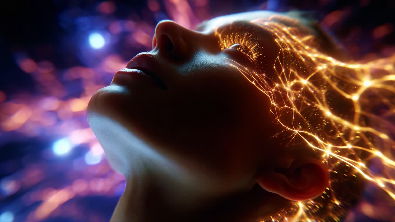 A mesmerizing journey through the ethereal landscape of the mind, where electric thoughts illuminate the soul, capturing a profound moment of introspection and enlightenment amidst vibrant neural connections