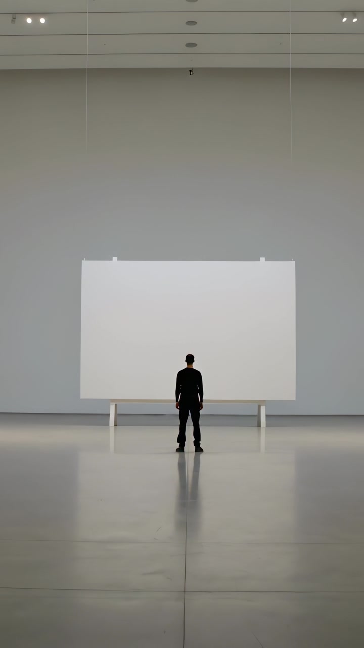 Vertikal video: Stående voksen mann observerer stort hvitt panel på galleri, iført mørk jakke.