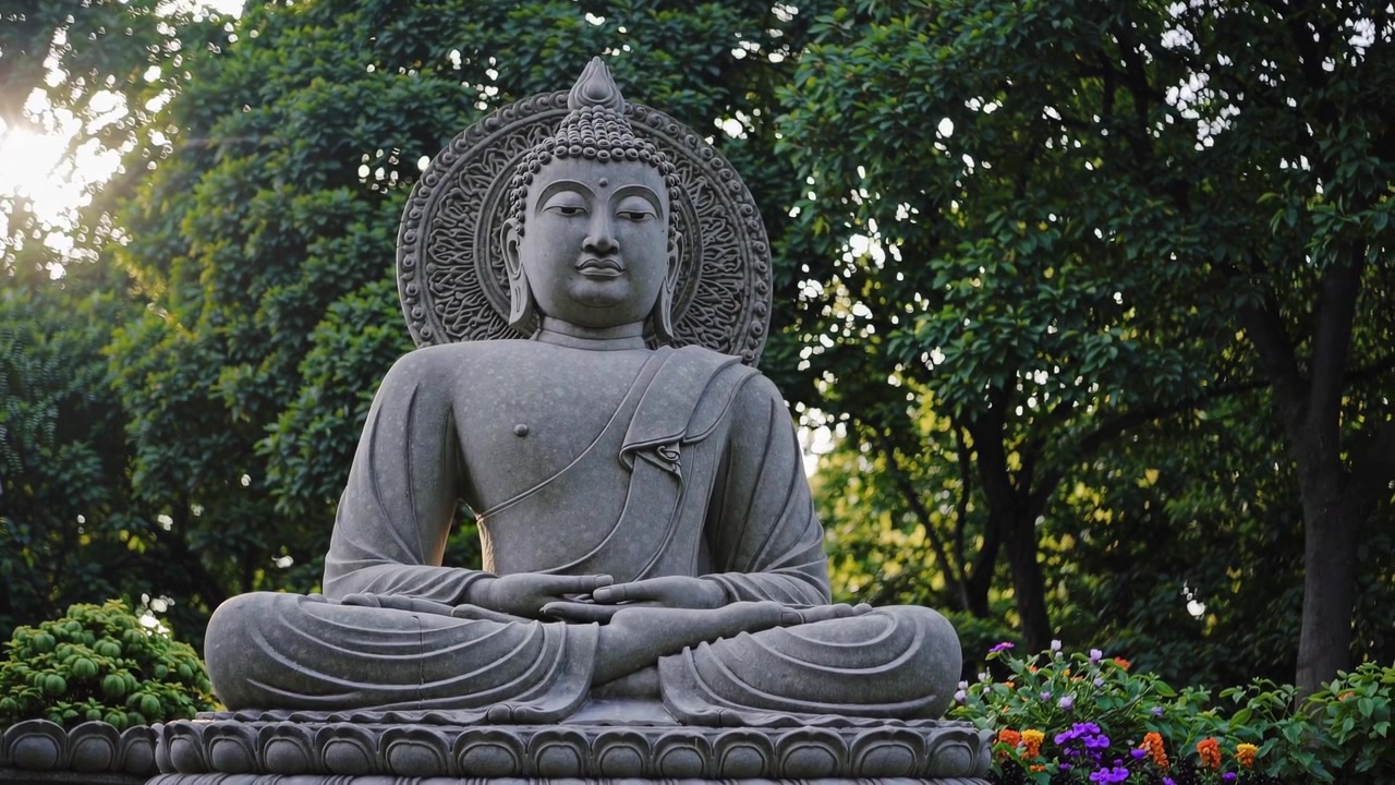 Grande statua di Buddha in pietra in un tranquillo giardino