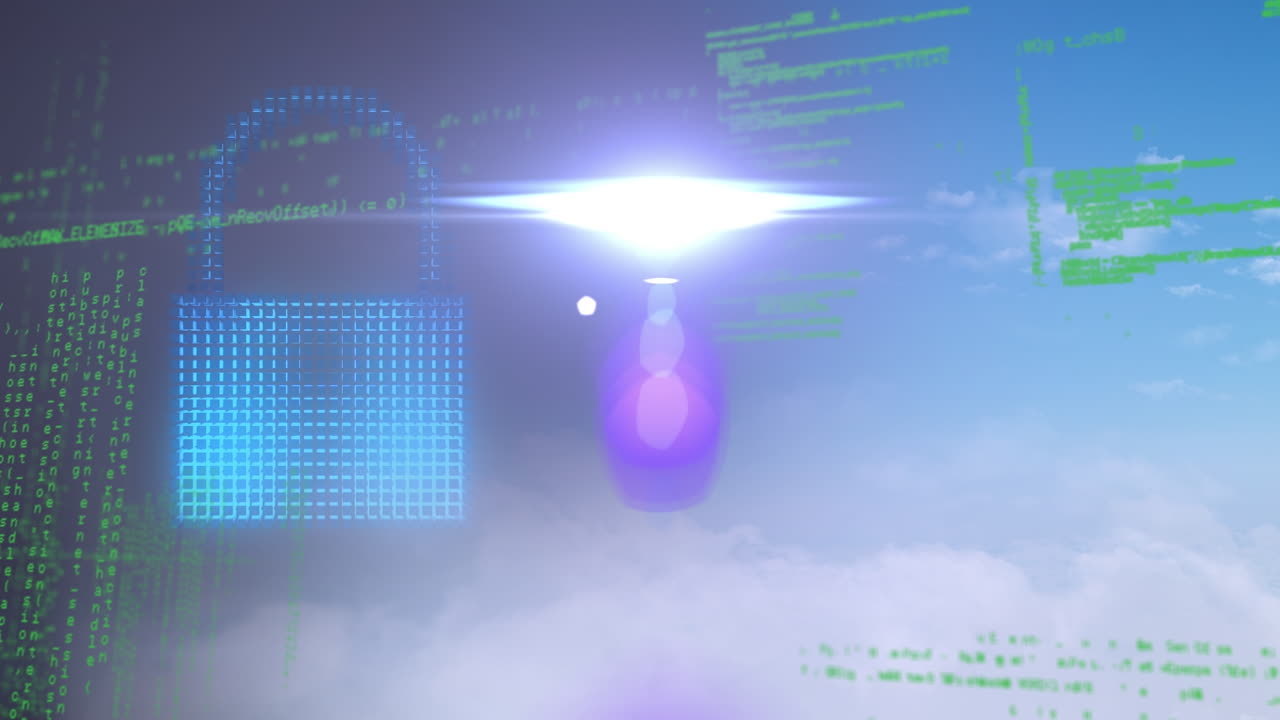 Animation of data processing over cloud, padlock and shield