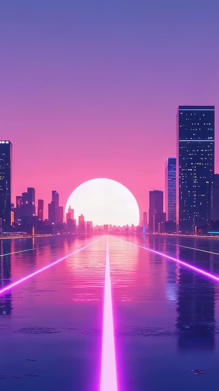 Vertical video: Opening waterfront showing neon lines pulsing and sun shifting at twilight