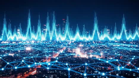 visual representation of dynamic network connectivity and data flow over a metropolis at night, highlighting the interplay of technology and urban infrastructure
