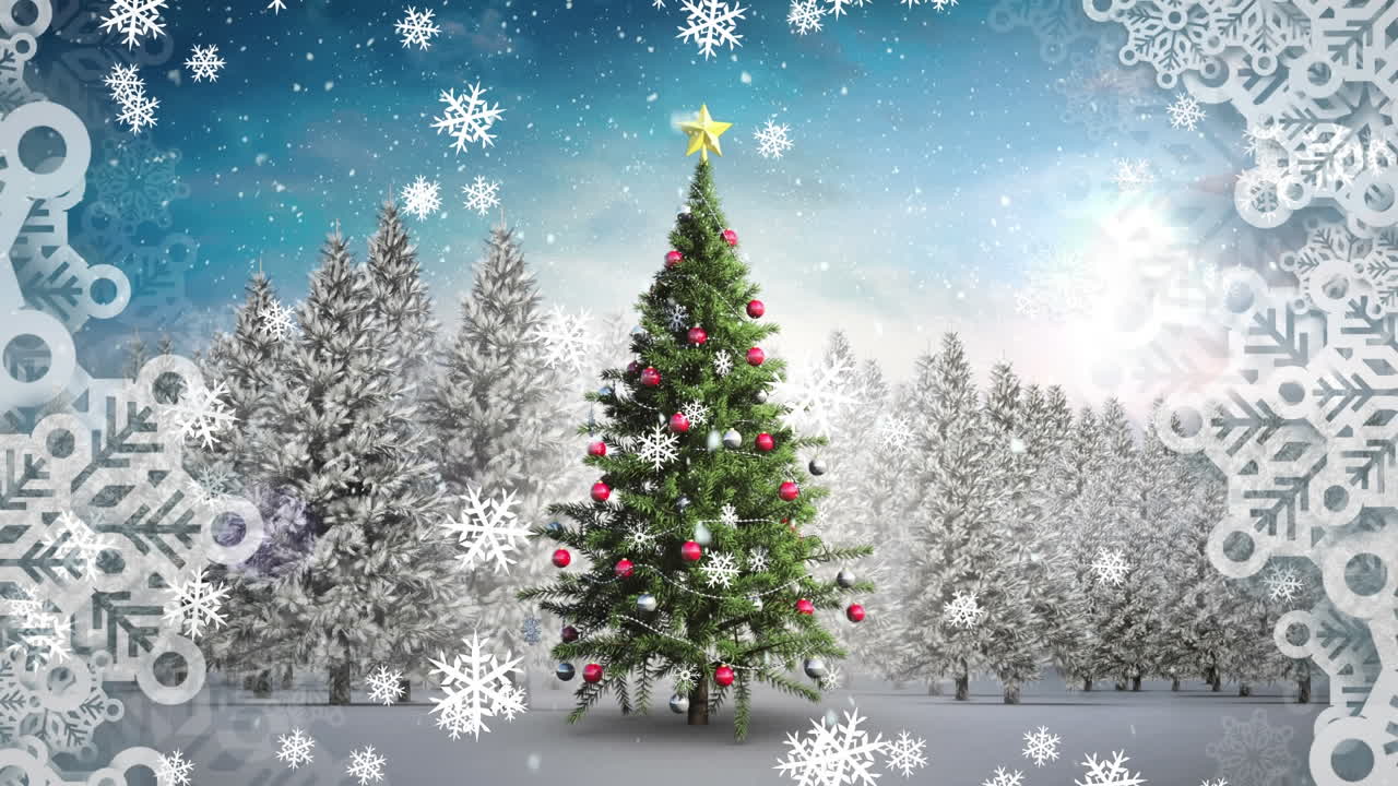 눈이 내리는 겨울 풍경 위의 크리스마스 트리의 애니메이션