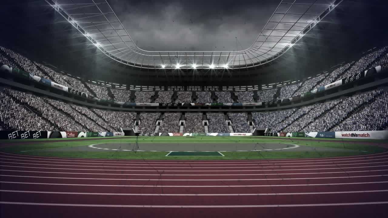 animación de redes de conexiones que giran sobre estadios deportivos