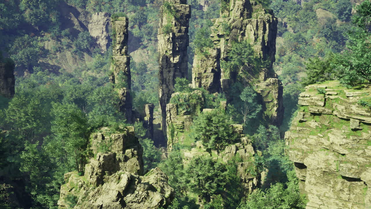 Lush green cliffs and towering rock formations in a vibrant natural landscape