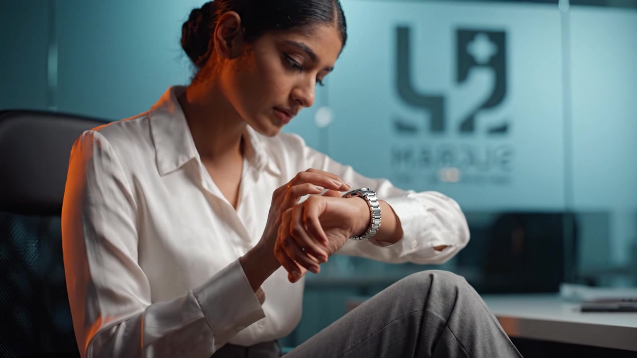 A Thoughtful Professional Woman Reflecting in an Office Setting, Poised and Engaged, Showcasing Confidence and Elegance in a Modern Workspace Environment