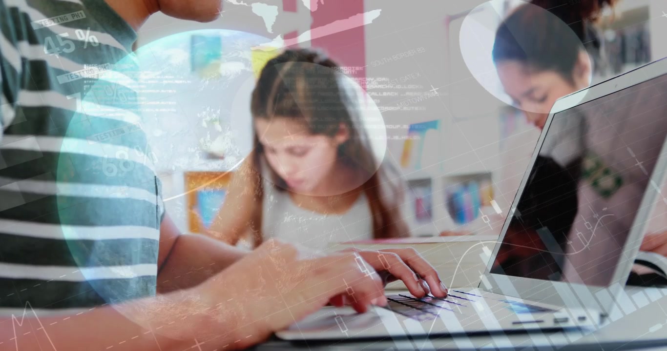 Animation of data processing over diverse students using laptop