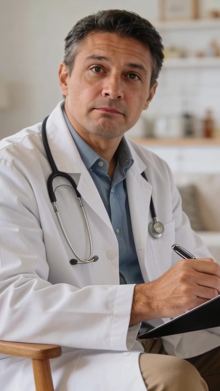 Video verticale: Medico in camice che prende appunti in clinica dopo la domanda di un paziente, blocco appunti, stetoscopio