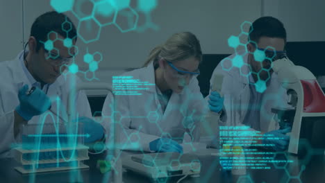 conducting experiments, scientists in lab coats with molecular structure animation overhead