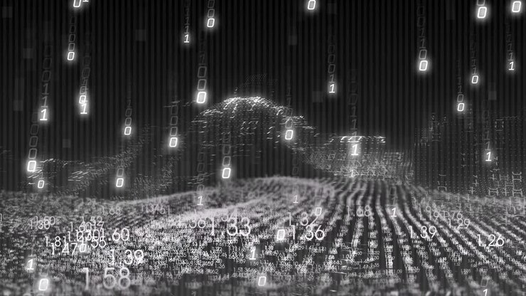 Animation of financial data processing and binary coding over black background