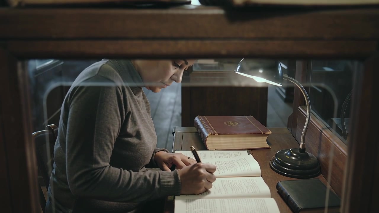 Opening book, student in gray top flipping pages, researching, writing at carrel under desk lamp
