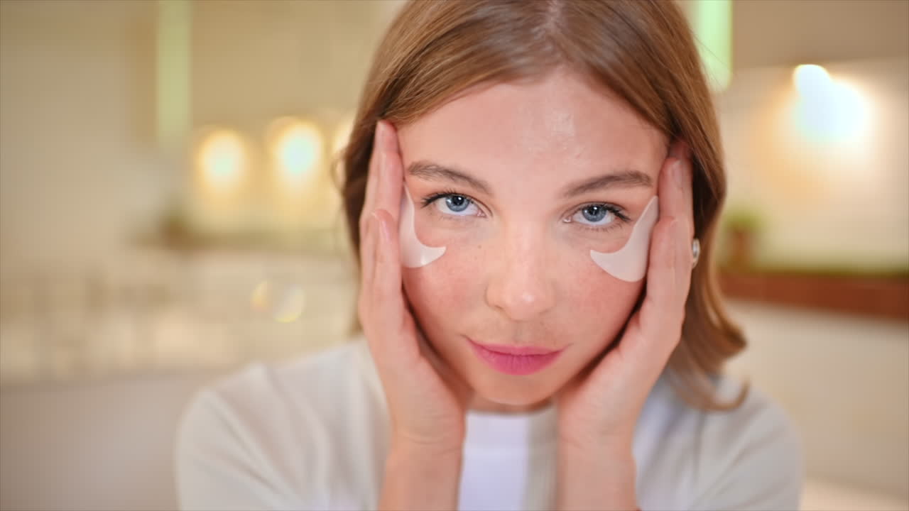 mujer aplicando parches oculares para el cuidado de la piel