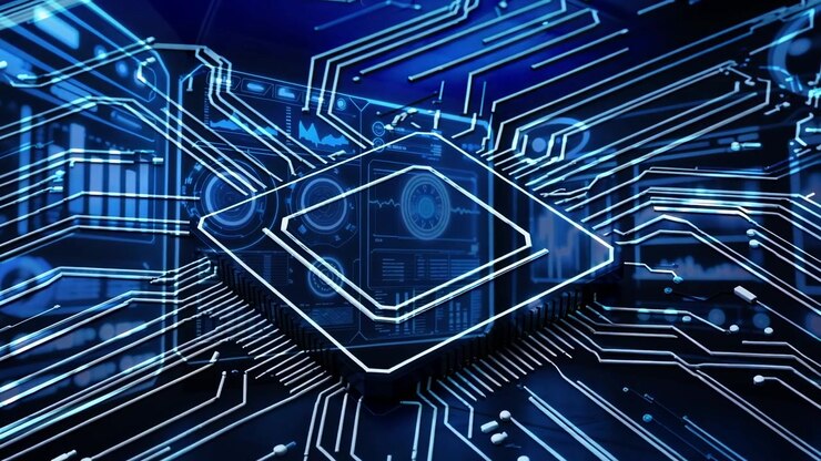Powering microchip core pulsing on circuit board along traces, showing data flow with graphs