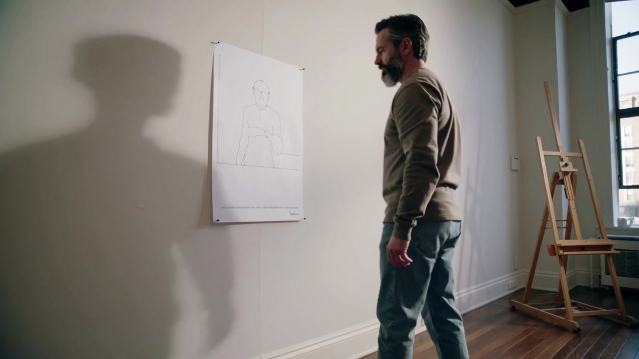 Uomo barbuto in maglione e jeans che entra nell'inquadratura, appuntando uno schizzo in studio, controllando il layout, con spazio per il testo.