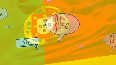 como texto sobre múltiples burbujas de habla iconos flotando contra la bandera de portugal ondeando