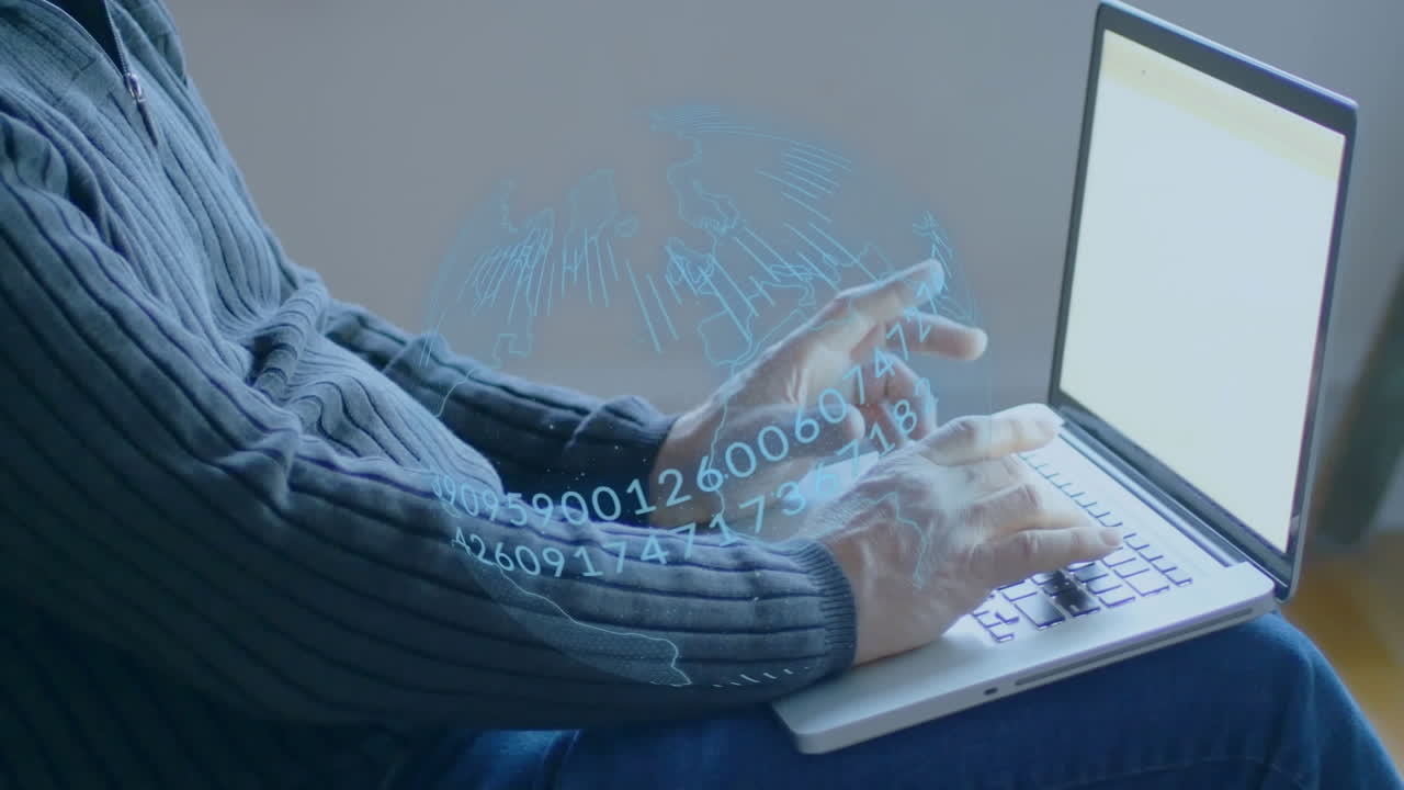 노트북을 사용하여 인간 위에서 회전하는 지구와 데이터 처리의 애니메이션