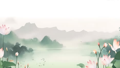 Fantasy-bright-ambience-landscape-of-beautiful-Lotus-leaf-watercolor-pond-lotus-background-morning-sky,-mountains,-flowers,-lake,-ancient-house-with-simple-animation-in-Japanese-watercolour-style