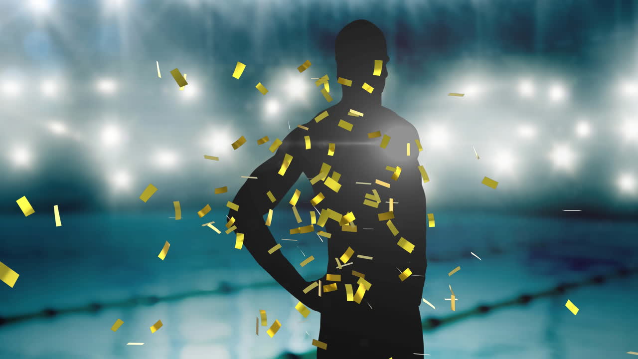 수영장 에 대항 한 남성 수영 선수 의 실루 ⁇  을 넘어가는 황금 콘페티