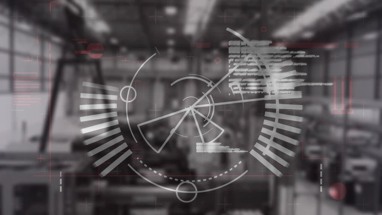 Animation of digital screen with diverse data with radar over blurred warehouse