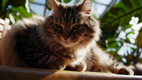 fluffy cat relaxing in a greenhouse