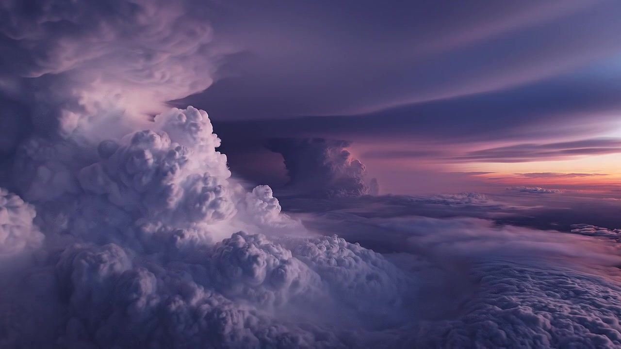 Vista aerea drammatica di imponenti nuvole temporalesche al tramonto