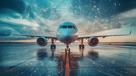 modern airplane on runway with network overlay