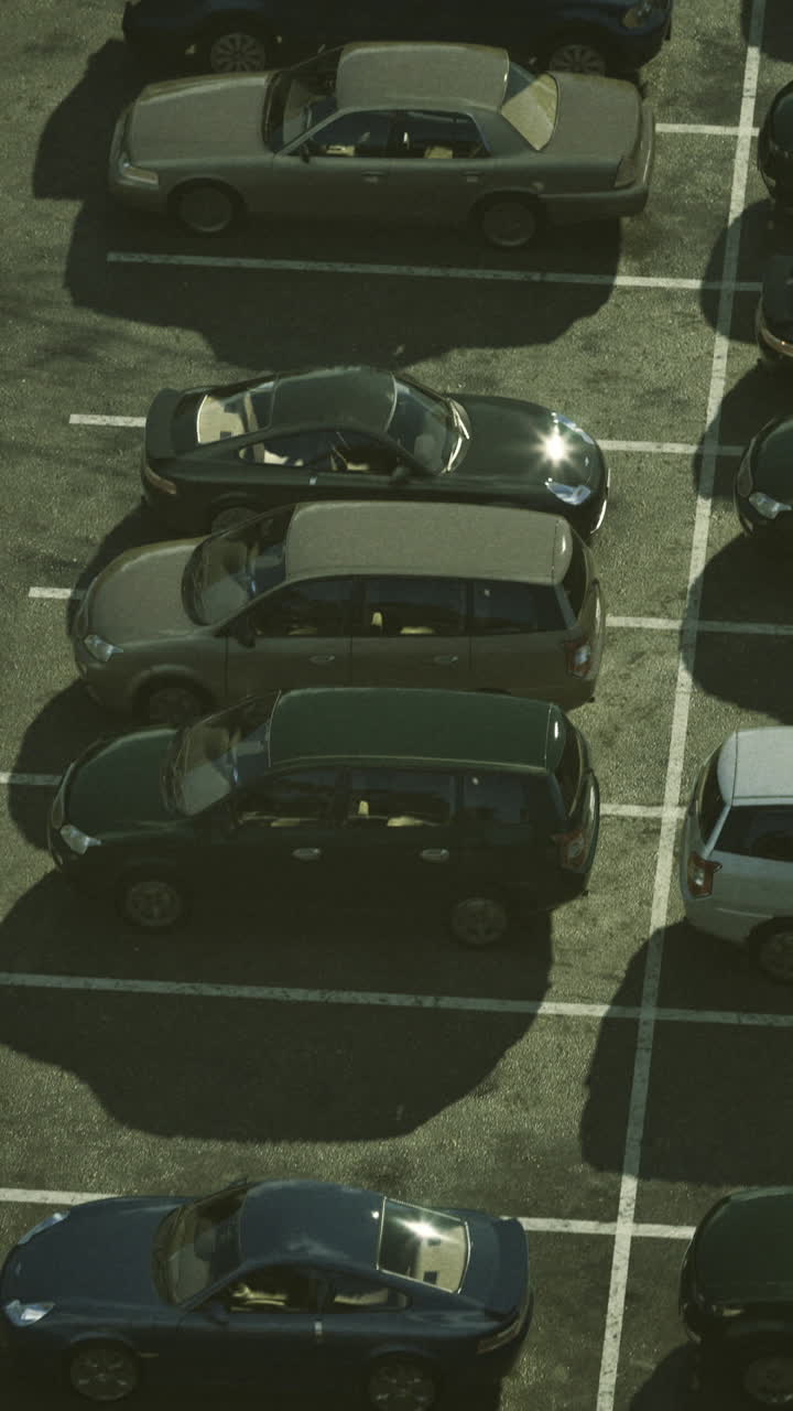 Multiple parked vehicles in a busy lot during midday in a suburban area