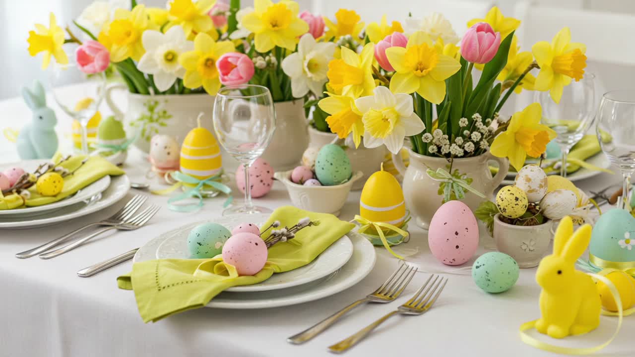 A Vibrant Easter Table Setting Featuring Colorful Flowers, Decorative Eggs, and Delightful Bunny Décor for a Joyful Celebration