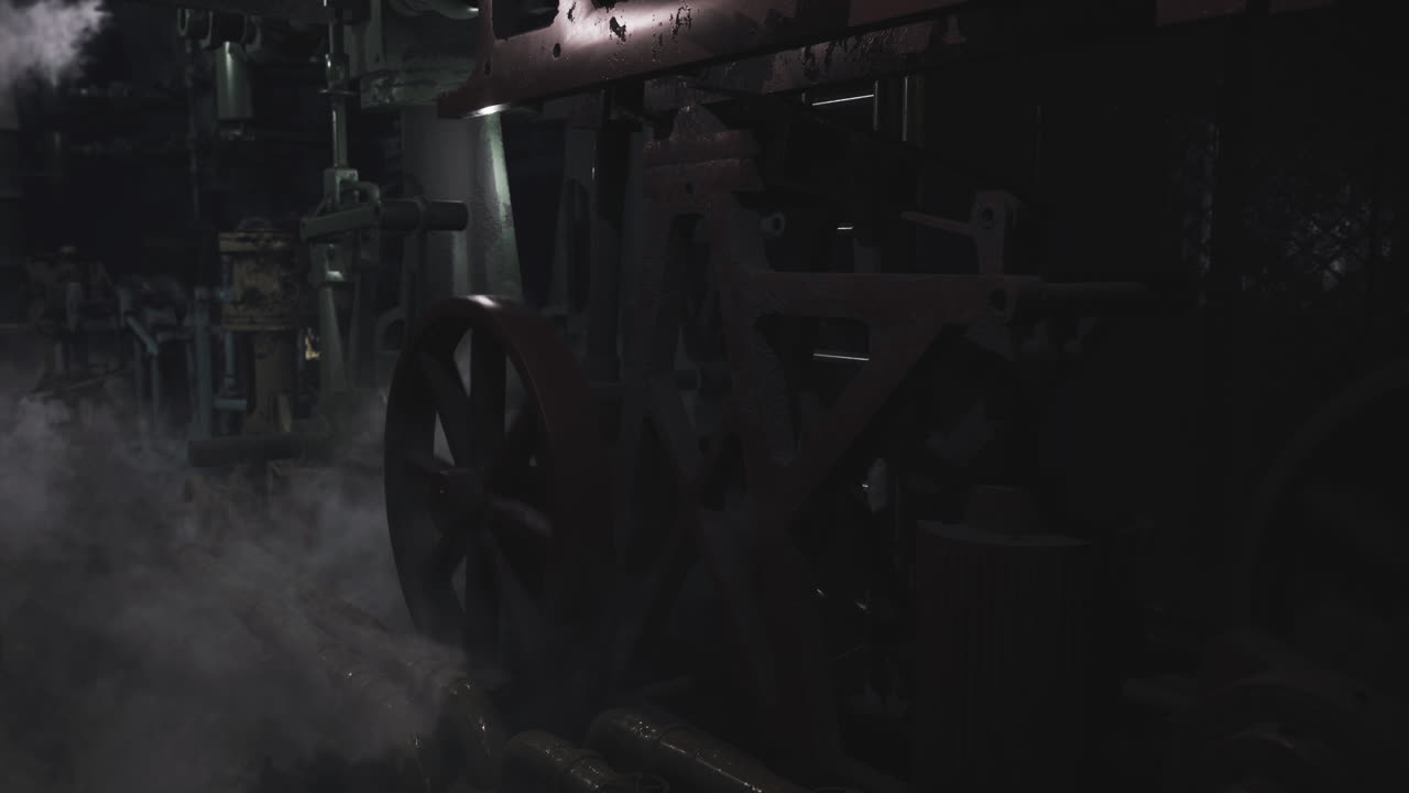 Industrial machinery operates in low light with smoke in the background