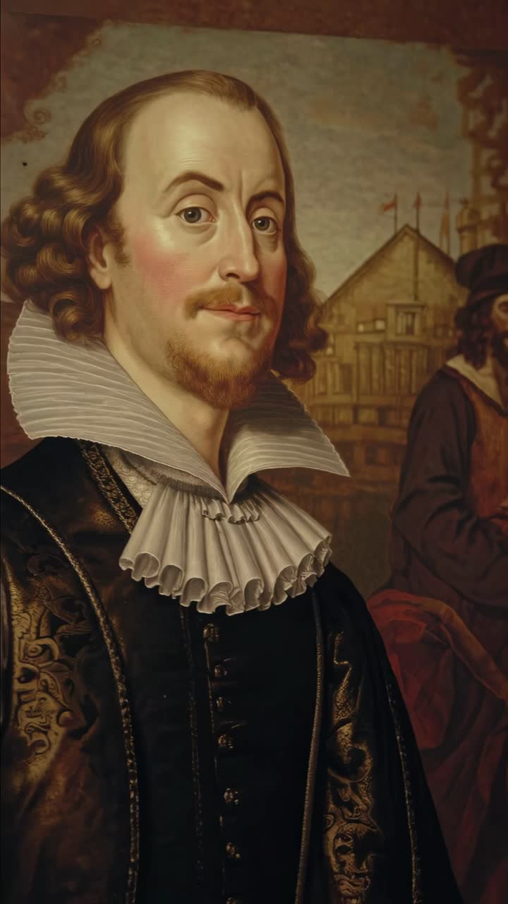 A classic portrait-style video frame of a historical figure in period attire