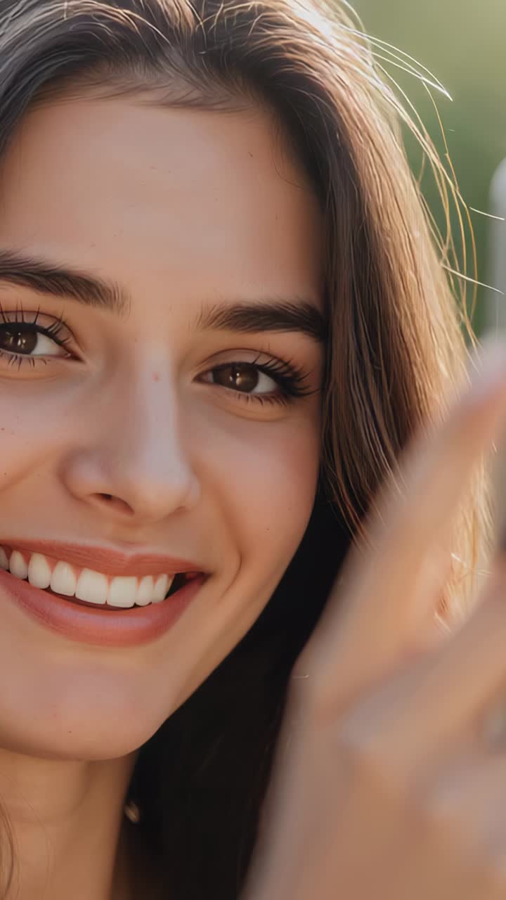 Vertical video: Smiling woman with phone entering, taking selfie to capture face in park, necklace